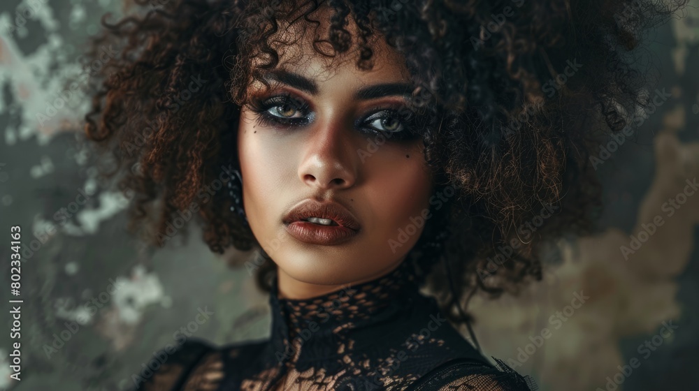 Adult Black Woman with Brown Curly Hair Goth style Illustration.