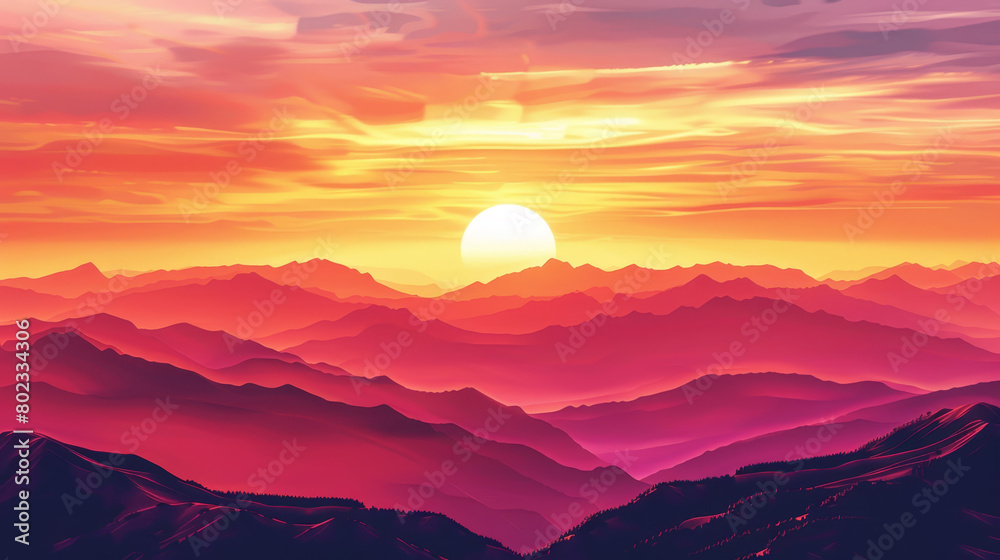 Fototapeta premium A beautiful sunset over a mountain range with a large sun in the sky