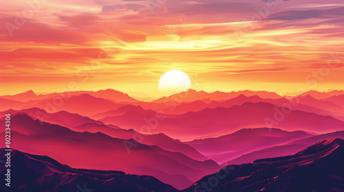A beautiful sunset over a mountain range with a large sun in the sky