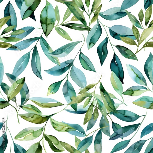 watercolor, blue green leaves and vines pattern on white background, seamless patterns