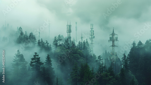 A tall tower is surrounded by trees and fog photo