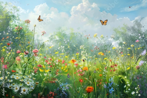 A peaceful meadow dotted with wildflowers, where butterflies flit among the blooms and bees hum lazily in the warm breeze --ar 3:2 Job ID: 7db8f86d-a8e7-45f5-962c-d0bf300e4a59 © Preb Creations
