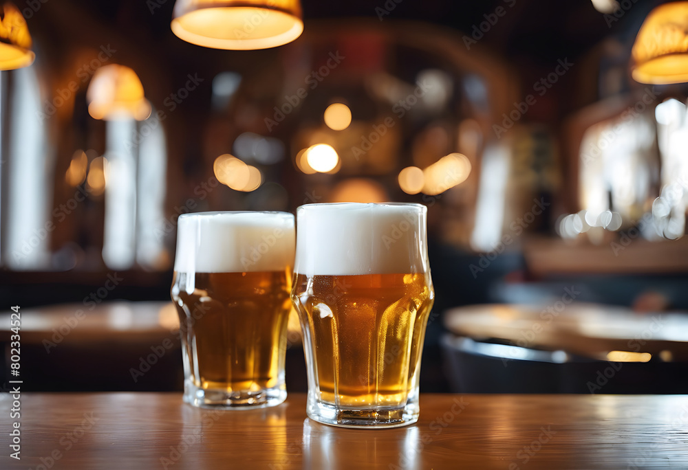 Two glasses of beer with frothy heads on a wooden table in a cozy bar setting with warm lighting. International Beer Day. Two glasses of beer with frothy heads on a wooden table in a cozy bar setting with warm lighting. International Beer Day.