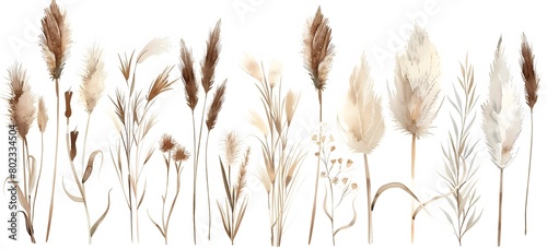 watercolor, brown grasses and reeds clipart set on white background