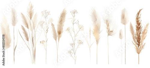 watercolor, brown grasses and reeds clipart set on white background