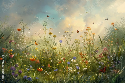 A peaceful meadow dotted with wildflowers, where butterflies flit among the blooms and bees hum lazily in the warm breeze --ar 3:2 Job ID: 35a43b24-7d65-4b95-8b8e-c549ddc52697