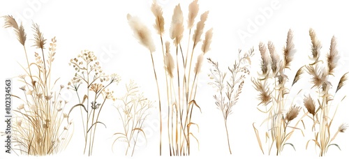 watercolor, brown grasses and reeds clipart set on white background