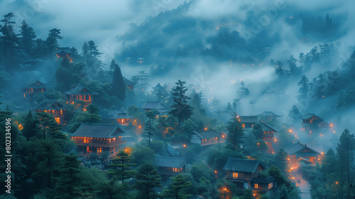a tranquil Japanese village finds itself immersed in a sea of clouds, bestowing upon it an aura of serenity and mystique photo