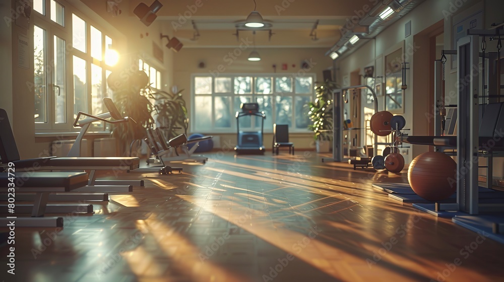 Rehabilitation gym in hospital, various therapy equipment, natural light, close up, inspiring Rehabilitation gym in hospital, various therapy equipment, natural light, close up, inspiring