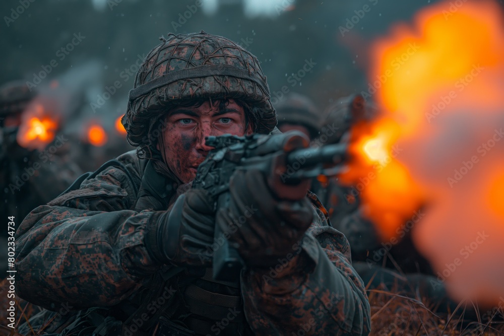 Naklejka premium Soldier aiming rifle during combat in smoky field