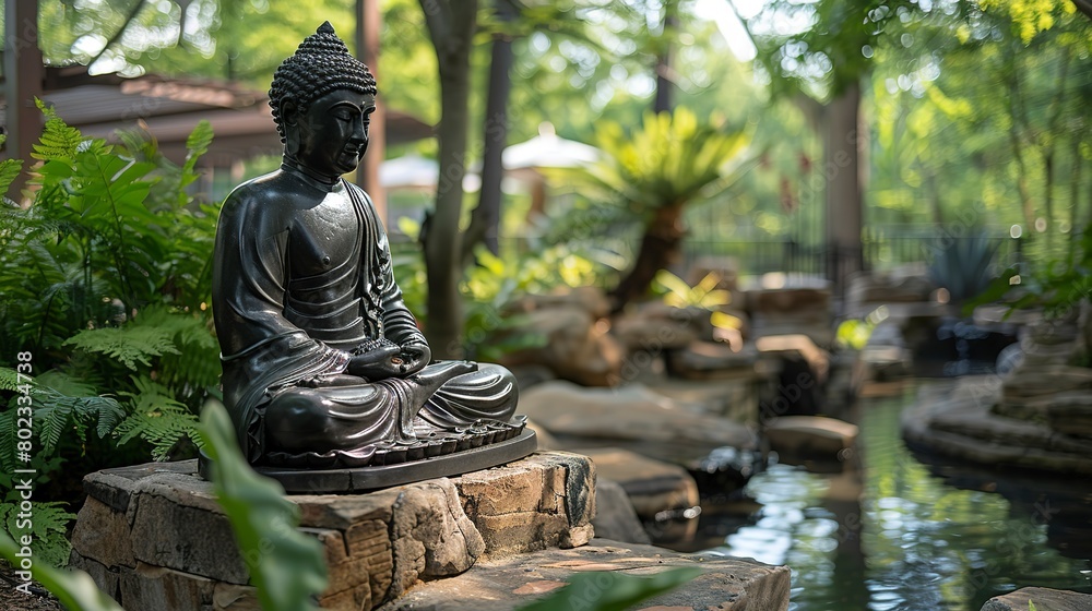 Meditation garden within hospital grounds, serene and lush, close up, healing environment 