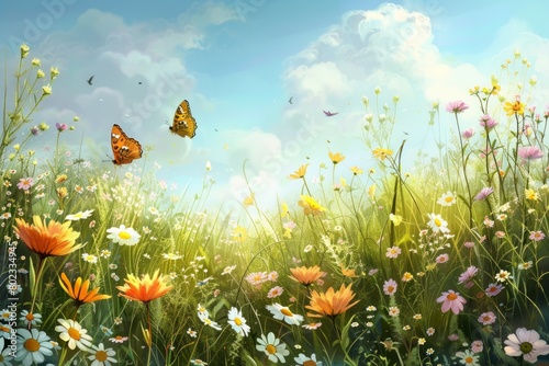 A peaceful meadow dotted with wildflowers, where butterflies flit among the blooms and bees hum lazily in the warm breeze --ar 3:2 Job ID: c957e004-4299-45e7-adf0-c240c9e93f42