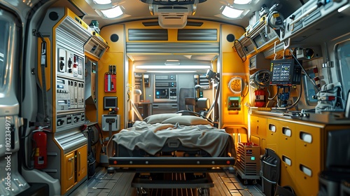 Ambulance interior, medical equipment ready, indirect light, close up, sense of urgency  photo
