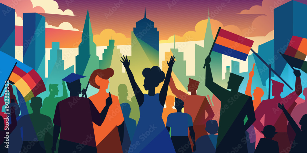 Vivid illustration of a diverse crowd protesting in a city with ...