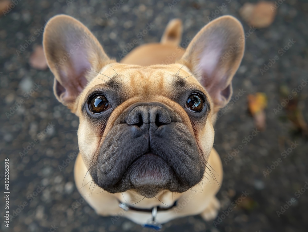 A close-up of a French Bulldog looking up with big expressive eyes, conveying a sense of curiosity and playfulness.