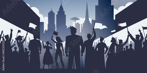 Vector illustration of a diverse group of silhouetted people protesting in an urban environment. Holding signs and banners with a city skyline backdrop