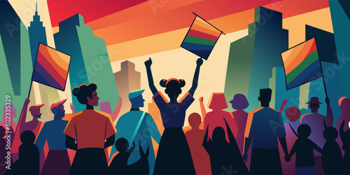 Vibrant illustration of a diverse crowd, gathered in a cityscape to celebrate inclusion and rights with raised rainbow flags symbolizing lgbtq+ pride and solidarity during a peaceful protest