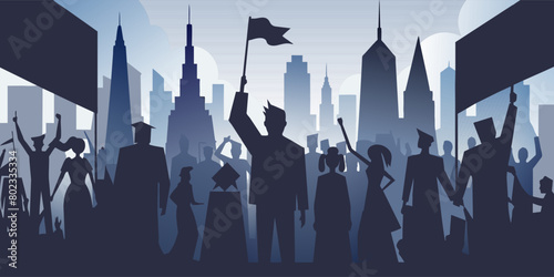 Silhouettes of a diverse crowd of people during a protest in an urban setting, with raised fists and banners, signifying unity and demand for change against a backdrop of city buildings