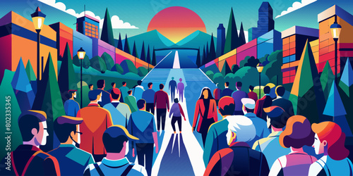 Diverse group of people march together at sunset, advocating for change in a peaceful protest illustrated with a colorful and dynamic urban background symbolizing hope and unity
