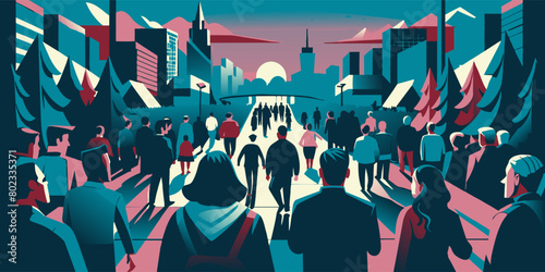Illustration of a diverse group of people participating in a protest march in an urban environment, advocating for social change under a dramatic, colorful sunset sky