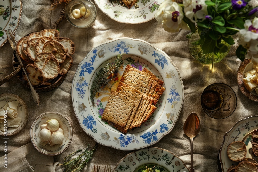 A traditional Seder table adorned with symbolic items such as matzo