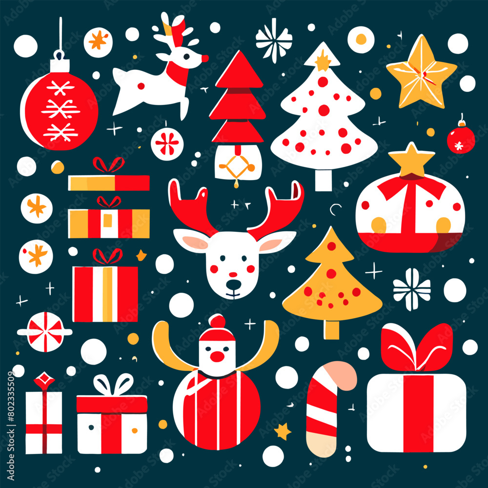 design a festive christmas sticker pack featuring reindeer, presents, stockings, trees, and snow