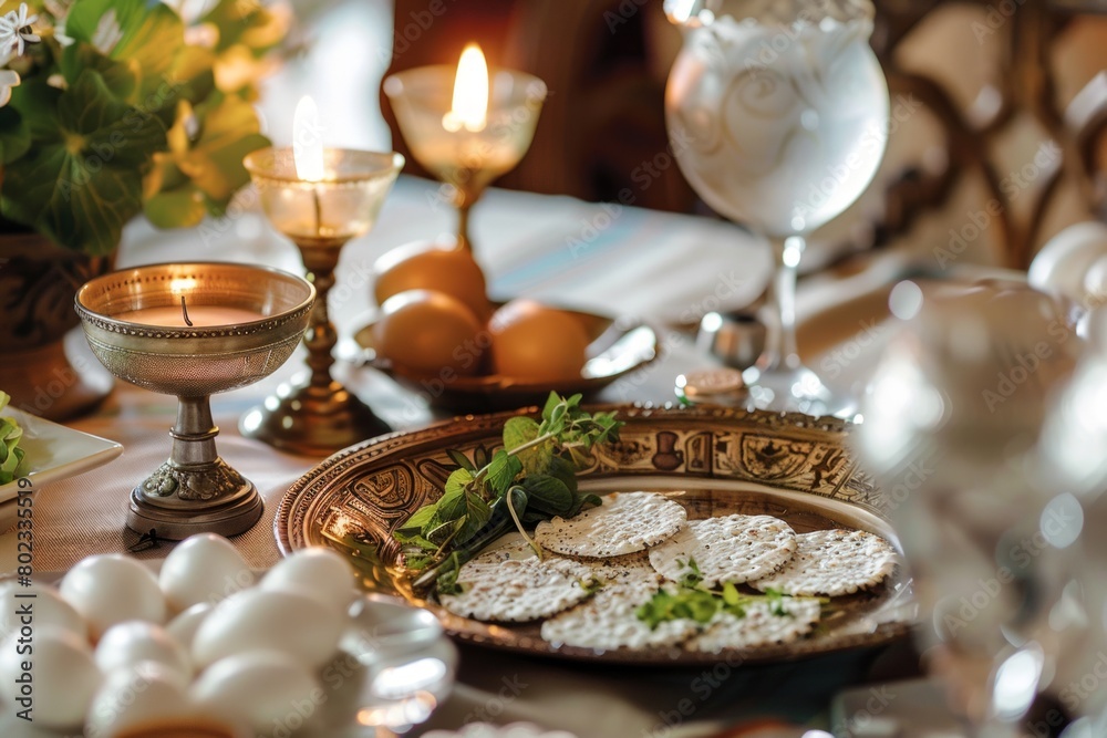 A traditional Seder table adorned with symbolic items such as matzo, bitter herbs, and a ceremonial plate, evoking the rich symbolism of the Passover meal.