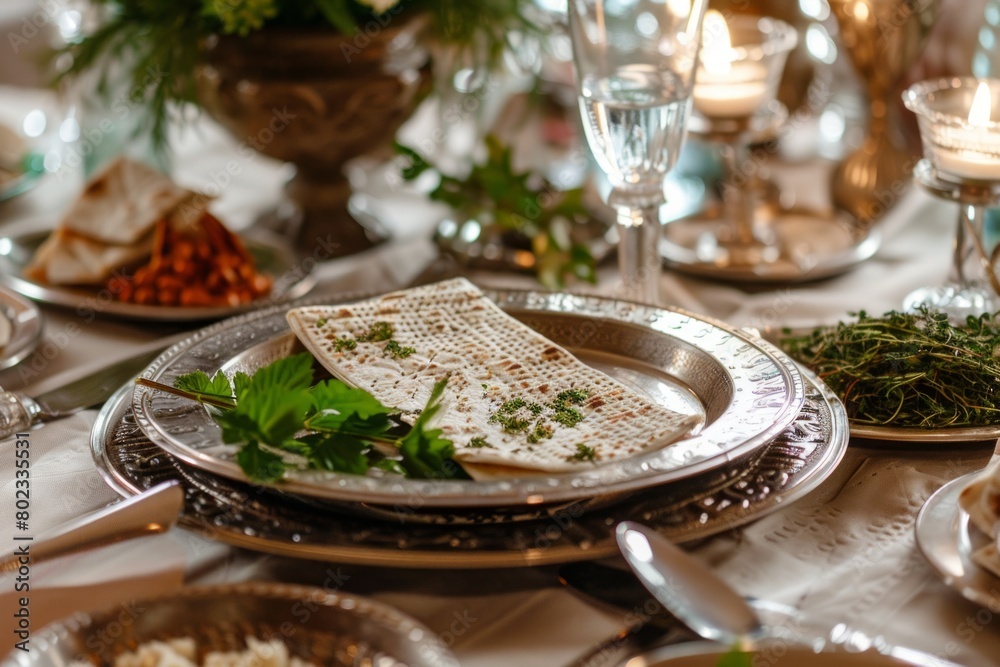 A traditional Seder table adorned with symbolic items such as matzo