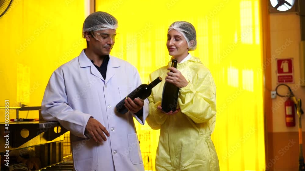 male winemaker expert and female business owner in sterile suit working holding bottles and inspects test the quality of the wine color, smell, taste of wine the wine factory male winemaker expert and female business owner in sterile suit working holding bottles and inspects test the quality of the wine color, smell, taste of wine the wine factory