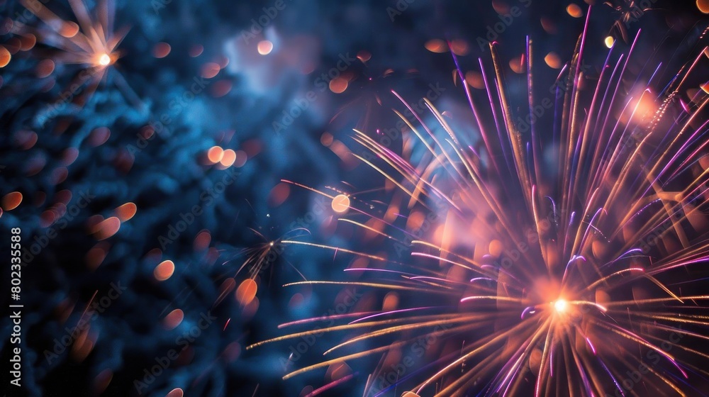 Fototapeta premium Fireworks burst in a vibrant display of colors against a dark blue night sky, creating an energetic and celebratory atmosphere with sparkling light trails.