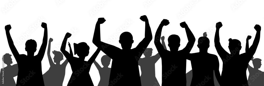 Silhouette of a determined crowd protesting, with fists raised in solidarity and unity. Represents activism, freedom of speech, and the pursuit of social justice in the face of challenges