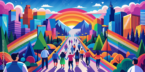 Vibrant illustration showcasing an lgbtq pride celebration with people walking towards a colorful cityscape under a sunset sky. Symbolizing diversity. Acceptance. And inclusivity within the community