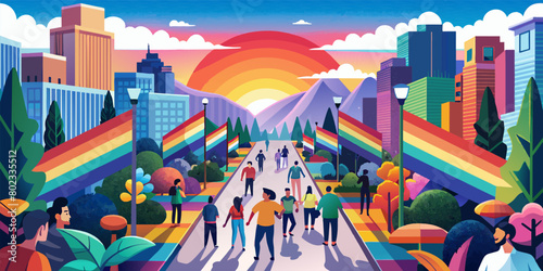 Vibrant illustration depicting a diverse crowd of lgbtq community members celebrating together, with raised rainbow flags against a backdrop of mountains under a brightly colored sky