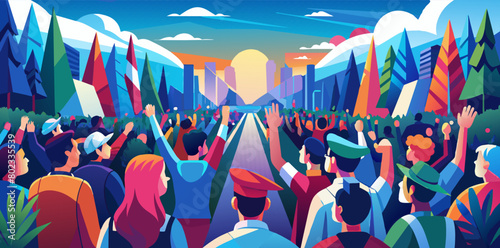 Colorful illustration captures a diverse group of lgbtq individuals marching for equality against the backdrop of a stunning mountainous landscape during a pride event at sunset