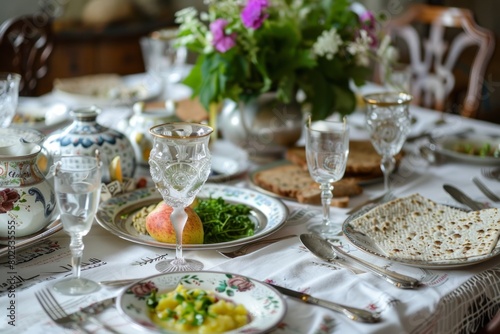 A traditional Seder table adorned with symbolic items such as matzo, bitter herbs, and a ceremonial plate, evoking the rich symbolism of the Passover meal.