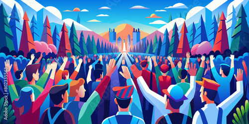 Illustration celebrating lgbtq diversity with a crowd of people at a pride march, set against a scenic mountain range and a castle, symbolizing unity and freedom in a fantastical setting