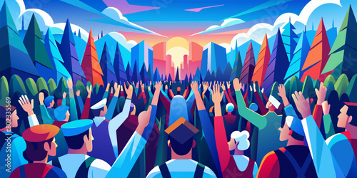 Inclusive representation of the lgbtq community celebrating pride amidst a colorful forest landscape, symbolizing unity, diversity, and the joy of self-expression under a serene sunset