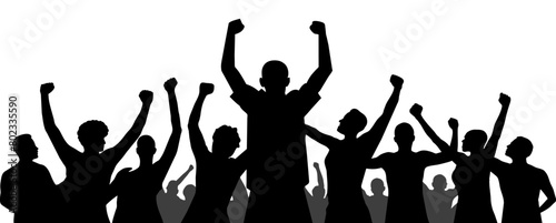 A striking black and white silhouette of a diverse crowd of people raising fists in unity and protest, depicting the power of collective action and social movements