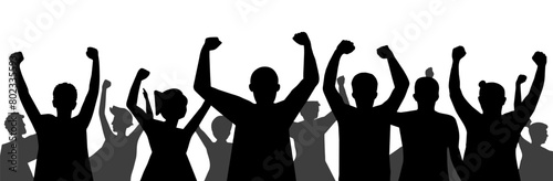 Silhouette of a determined crowd protesting, with fists raised in solidarity and unity. Represents activism, freedom of speech, and the pursuit of social justice in the face of challenges