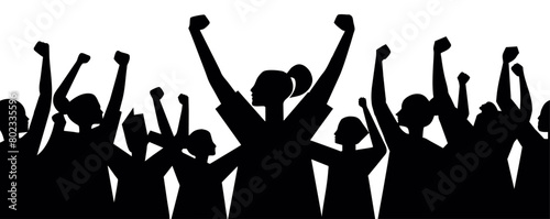 Powerful representation of social activism, with silhouetted figures of various people raising their fists high against a white background, symbolizing unity and collective strength during a protest