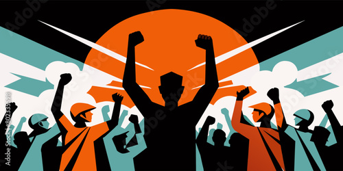Graphic illustration of a diverse crowd protesting passionately with raised fists against an abstract background symbolizing unity and the fight for rights under a striking sun or moon