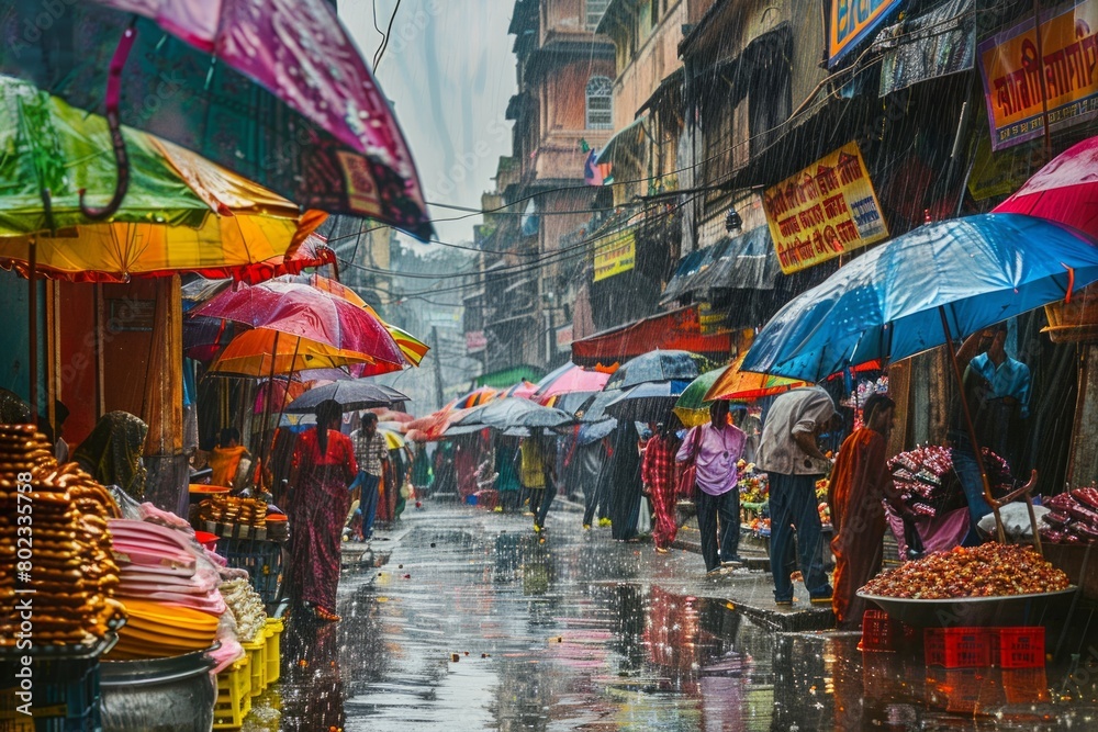 A vibrant bazaar scene with rain-soaked streets, colorful umbrellas, and shoppers enjoying seasonal discounts --ar 3:2 Job ID: 4a4bb118-b611-44bd-88d4-ec5be74f9f7f