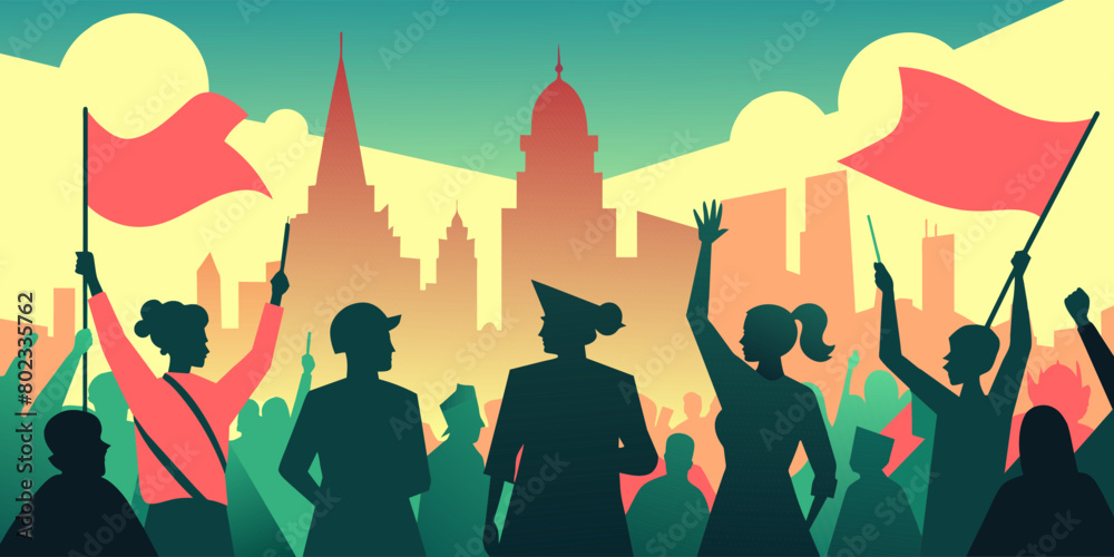 Illustration portraying an energetic crowd of people protesting and rallying with raised flags and banners, symbolizing unity and activism against a cityscape backdrop at sunset Illustration portraying an energetic crowd of people protesting and rallying with raised flags and banners, symbolizing unity and activism against a cityscape backdrop at sunset