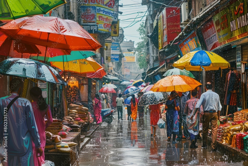 A vibrant bazaar scene with rain-soaked streets, colorful umbrellas, and shoppers enjoying seasonal discounts --ar 3:2 Job ID: c71a54f9-99d5-46ac-a7bd-45da6f12c84c