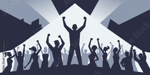 Graphic representation of a diverse crowd protesting. With raised fists and placards. Under a stark cityscape backdrop