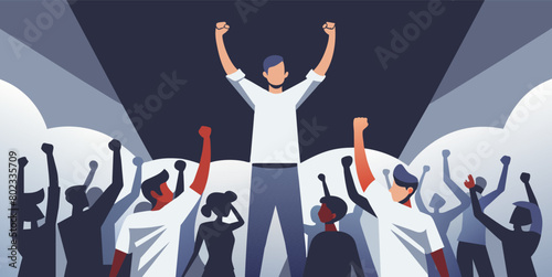 Vector illustration depicting a diverse crowd of people at a protest, with one individual standing prominently, raising fists in solidarity against a dramatic spotlight background