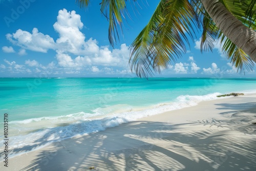 A tranquil beach scene, where azure waves gently lap against the sandy shore, framed by swaying palm trees --ar 3:2 Job ID: e51e7d1a-c373-4b54-a4aa-2614ab785f26