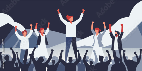 Illustrated scene of diverse individuals coming together, raising their hands in solidarity during a peaceful protest or rally against a background of abstract shapes