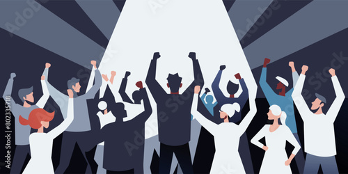Illustrative depiction of a diverse group of animated characters actively participating in a protest, with a spotlight highlighting their unity and determination for a common cause
