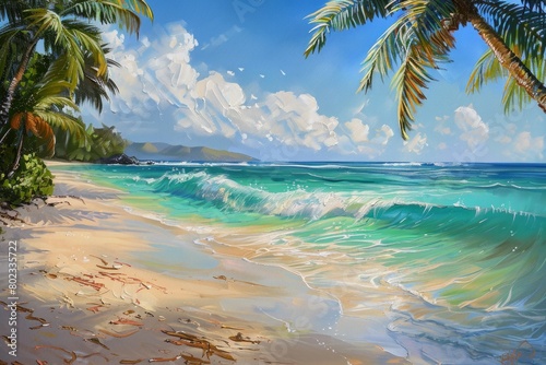 A tranquil beach scene  where azure waves gently lap against the sandy shore  framed by swaying palm trees --ar 3 2 Job ID  f8c35f88-6514-45d8-875c-f530ea19b14d